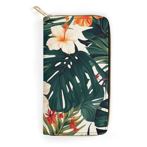 HJKBCV Ledergeldbörse für Damen und Herren, Hawaii-Blume, Palmblätter, schmale Geldfalt-Geldbörse, Kreditkartenfach mit Reißverschluss, wasserdicht, lange Geldbörse für Geschenk, Arbeit, Reisen, von HJKBCV