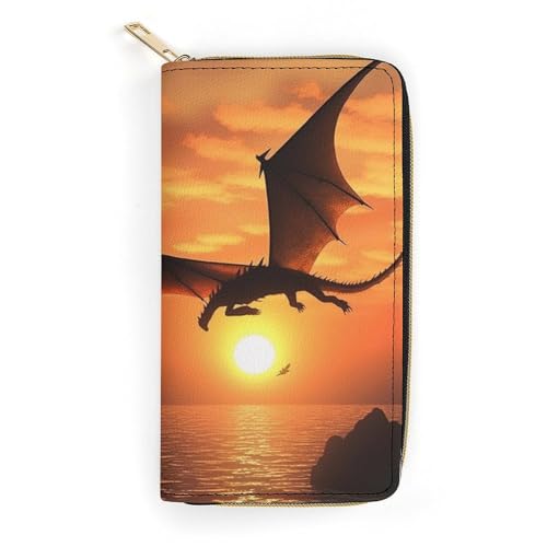 HJKBCV Ledergeldbörse für Damen und Herren, Meer, Sonnenuntergang, fliegender Drache, schlanke Geldfalt-Geldbörse, Kreditkartenfach mit Reißverschluss, wasserdicht, lange Geldbörse für Geschenk, von HJKBCV