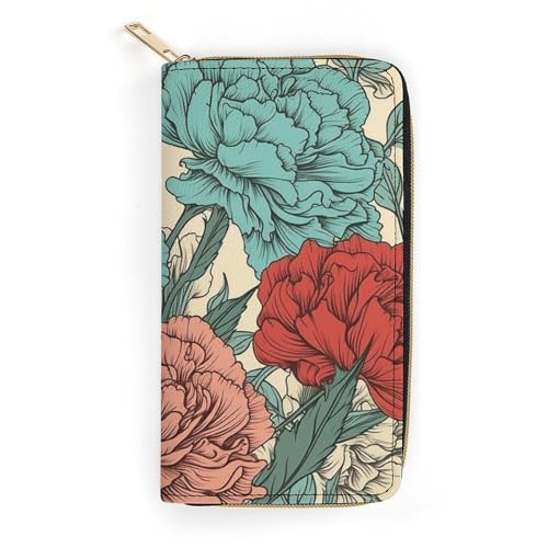 HJKBCV Ledergeldbörse für Damen und Herren, Nelken von roten Farben, schmale Geldfalt-Geldbörse, Kreditkartenfach mit Reißverschluss, wasserdicht, lange Geldbörse für Geschenk, Arbeit, Reisen, Alltag, von HJKBCV