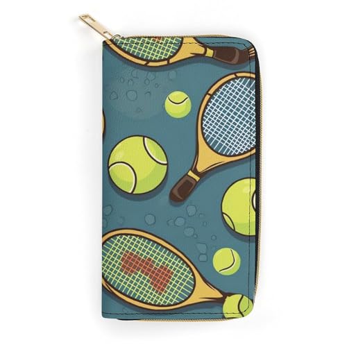 HJKBCV Ledergeldbörse für Damen und Herren, Tennisschläger und Tennisbälle, schmale Geldbörse, Kreditkartenfach mit Reißverschluss, wasserdicht, lange Geldbörse für Geschenk, Arbeit, Reisen, Alltag, von HJKBCV