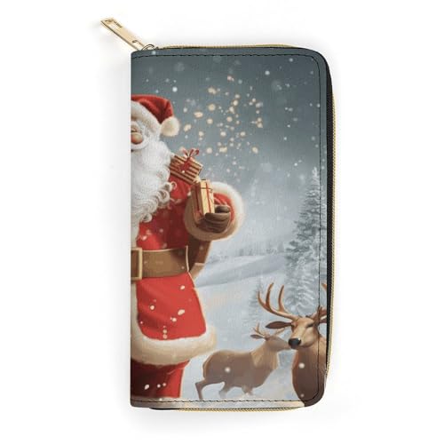 HJKBCV Ledergeldbörse für Damen und Herren, Weihnachtsmann und Hirsch, schmale Geldtasche, Kreditkartentasche mit Reißverschluss, wasserdicht, lange Geldbörse für Geschenk, Arbeit, Reisen, Alltag, von HJKBCV