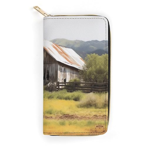 HJKBCV Ledergeldbörse für Damen und Herren, altes Holz, Scheunentraktor, schmale Geldtasche, Kreditkartentasche mit Reißverschluss, wasserdicht, lange Geldbörse für Geschenk, Arbeit, Reisen, Alltag, von HJKBCV