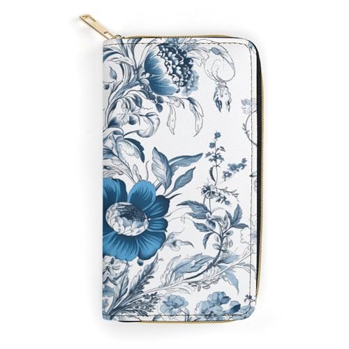 HJKBCV Ledergeldbörse für Damen und Herren, blaues und weißes Blumenmuster, schmale Geldtasche, Kreditkartenfach mit Reißverschluss, wasserdicht, lange Geldbörse für Geschenk, Arbeit, Reisen, Alltag, von HJKBCV