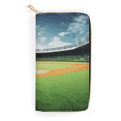HJKBCV Ledergeldbörse für Damen und Herren, grünes Baseballfeld-Hintergrund, schmale Geldscheinfach, Kreditkartenfach mit Reißverschluss, wasserdicht, lange Geldbörse für Geschenk, Arbeit, Reisen, von HJKBCV