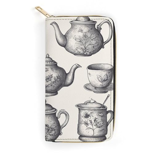 HJKBCV Ledergeldbörse für Damen und Herren, handgezeichnete Teekannen und Tassen, schmale Geldtasche, Kreditkartenfach mit Reißverschluss, wasserdicht, lange Geldbörse für Geschenk, Arbeit, Reisen, von HJKBCV