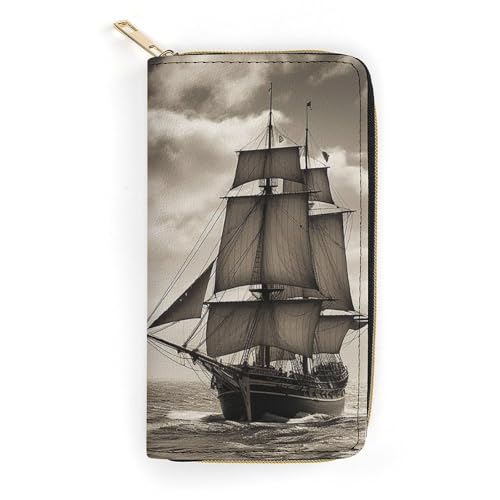 HJKBCV Ledergeldbörse für Damen und Herren, nautisches Segelpiraten-Thema, schmale Geldtasche, Kreditkartentasche mit Reißverschluss, wasserdicht, lange Geldbörse für Geschenk, Arbeit, Reisen, Alltag, von HJKBCV
