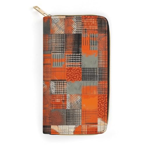 HJKBCV Ledergeldbörse für Damen und Herren, orangefarbene Gitterlinien, schmale Geldtasche, Kreditkartenfach mit Reißverschluss, wasserdicht, lange Geldbörse für Geschenk, Arbeit, Reisen, Alltag, von HJKBCV