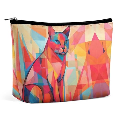HJKBCV Mid Century Moderne Kunst Katze PU Leder Reise Make-up Tasche Mini Tasche Kosmetiktasche für Frauen Tragbare Handtasche Verschluss Organizer Make-up Fall Kulturbeutel Stil, Einheitsgröße, von HJKBCV