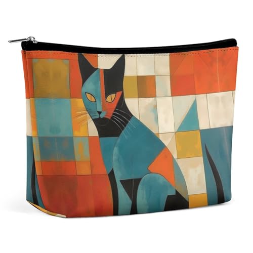 HJKBCV Moderne Kunst Katze PU Leder Reise Make-up Tasche Mini Tasche Kosmetiktasche für Frauen Tragbare Handtasche Verschluss Organizer Make-up Fall Kulturbeutel Stil Einheitsgröße, Stil:, von HJKBCV