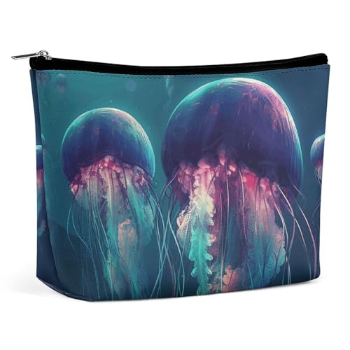HJKBCV Reise-Make-up-Tasche aus PU-Leder mit farbigen Quallen, Mini-Tasche, Kosmetiktasche für Damen, tragbarer Handtaschen-Verschluss, Organizer, Make-up-Kulturbeutel, Stil, Einheitsgröße, Stil:, von HJKBCV
