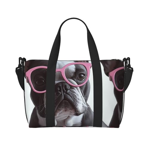 Sportbeutel, klein, Cartoon-Känguru-Zoo, Seesack, Übernachtungstasche, mit Schuhfach, Handgepäcktasche für Damen und Herren, Brille mit französischer Bulldogge, Einheitsgröße von HJKBCV