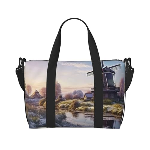 Sportbeutel, klein, Pomeranian Duffel Bag, Übernachtungstasche mit Schuhfach, Handgepäcktasche für Damen und Herren, Windmühlen-Landschaft, Einheitsgröße von HJKBCV