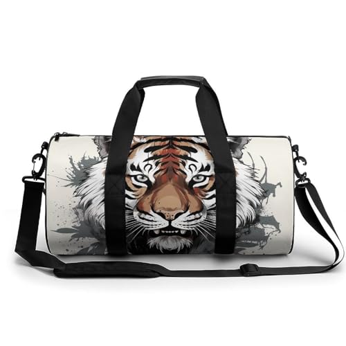 Sportbeutel, klein, Schwarz und Weiß, Motiv: Doodle Tiger, Seesack, Übernachtungstasche, mit Schuhfach, Tragetasche für Herren und Damen, Schwarz-weißer Doodle-Tiger, 17.7in/9in/9in, Art déco von HJKBCV