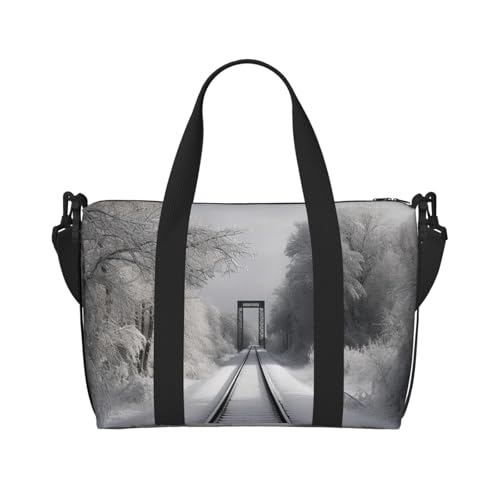 Sportbeutel, klein, lila, Schmetterling und Blumen, Reisetasche mit Schuhfach, für Damen und Herren, Verschneite Zugschienen, Einheitsgröße von HJKBCV