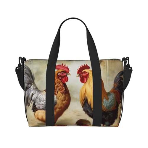 Sportbeutel, kleine Milchkuh-Reisetasche, Übernachtungstasche mit Schuhfach, Tragetasche für Männer und Frauen, Huhn- und Hahn-Druck, Einheitsgröße, Huhn und Hahn., Einheitsgröße von HJKBCV