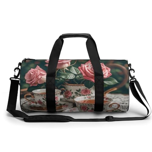 Sportbeutel mit Totenkopf-Design, Skelettknochen, Reisetasche mit Schuhfach, für Damen und Herren, Romantische Teetassen mit Rosen, 17.7in/9in/9in, Art déco von HJKBCV
