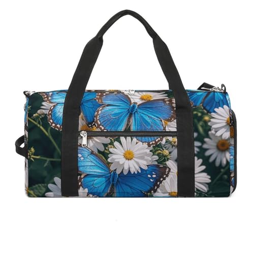 Turnbeutel, klein, Weihnachten, skurrile Zwerge, Seesack, Übernachtungstasche mit Schuhfach, Tragetasche für Damen und Herren, Blaue Schmetterlinge weiße Blumen, Einheitsgröße, Art déco von HJKBCV