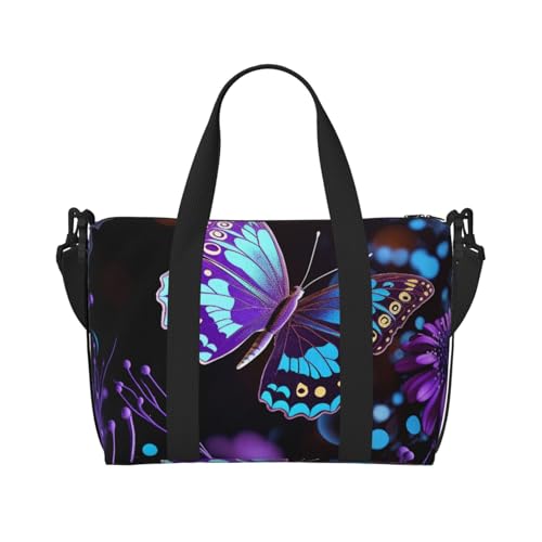 Turnbeutel, klein, lila, Schmetterling und Blumen, Seesack, Übernachtungstasche mit Schuhfach, Tragetasche für Damen und Herren, Violetter Schmetterling und Blumen, Einheitsgröße von HJKBCV