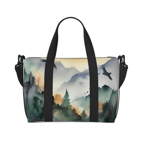 Turnbeutel Kleine Skandinavische Tiere Seesack Übernachtungstasche mit Schuhfach Handgepäck für Männer Frauen, Bergvögel, Aquarell, Einheitsgröße von HJKBCV