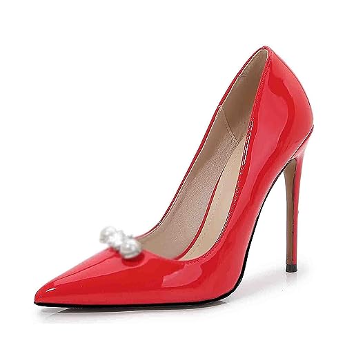 Damen Pumps schwarz, sexy Absatzschuhe, Comfort Lining, Party Hochzeit Brautstöckchen 12cm,Rot,45 von HJKLW