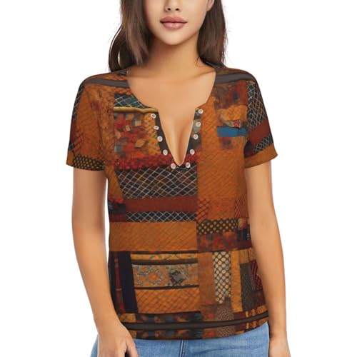Afrikanisches Textil-Patchwork-T-Shirt mit V-Ausschnitt, fließende Oberteile für Frauen in Übergröße, ein Must-Have für Damen im Sommer, Schwarz, Mittel von HJLUUFT
