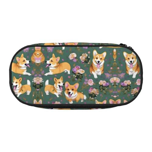 HJLUUFT Corgi Make-up-/Kosmetiktasche mit Blumendruck, Kawaii-Bleistift-Box, Gadget-Organizer, Tasche mit Reißverschluss von HJLUUFT