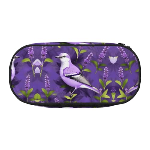 HJLUUFT Federmäppchen mit Vogel in violettem Lavendel, Blumendruck, einfaches, stabiles multifunktionales Federmäppchen, Bürobedarf-Organizer von HJLUUFT
