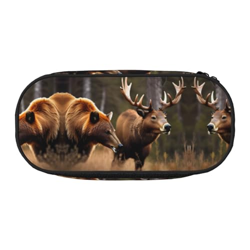 HJLUUFT Kosmetiktasche mit Wildtierjagd, Hirsch, Bär, Elch, Druck, Schreibwaren, Kawaii, Stiftebox, Gadget-Organizer, Tasche mit Reißverschluss von HJLUUFT