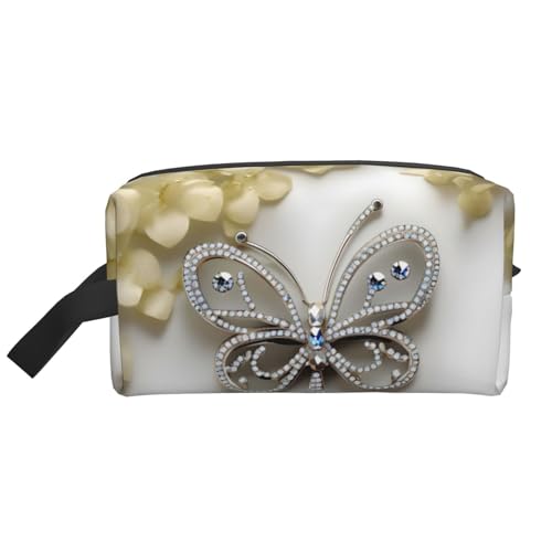 HJLUUFT Kulturbeutel mit Strasssteinen, Schmetterlings- und Blumendruck, für Männer und Frauen, Reise-Kulturbeutel, Organizer für Erwachsene, Tür, Zimmer, Weiss/opulenter Garten, Einheitsgröße von HJLUUFT