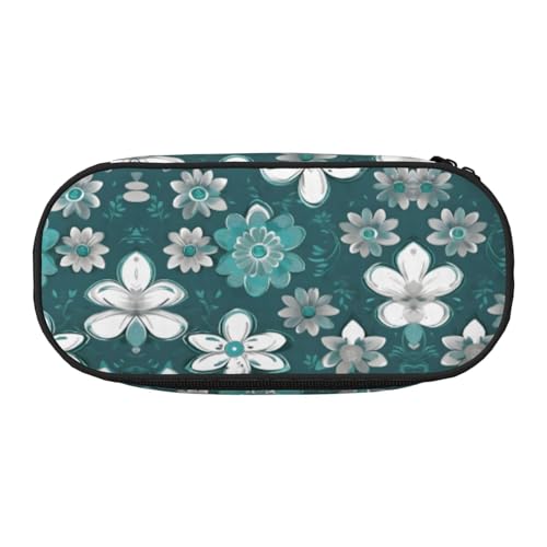 HJLUUFT Make-up-Kosmetiktasche mit Blumenmuster, Blaugrün, Grau und Weiß, Kawaii-Bleistift-Box, Gadget-Organizer-Tasche mit Reißverschluss von HJLUUFT