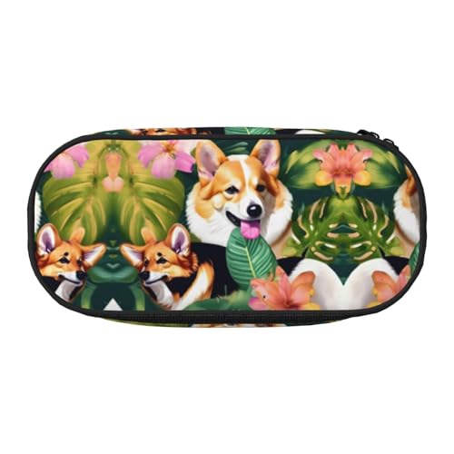 HJLUUFT Make-up-Kosmetiktasche mit tropischen Blumen und Corgi-Druck, Kawaii-Bleistift-Box, Gadget-Organizer, Tasche mit Reißverschluss von HJLUUFT