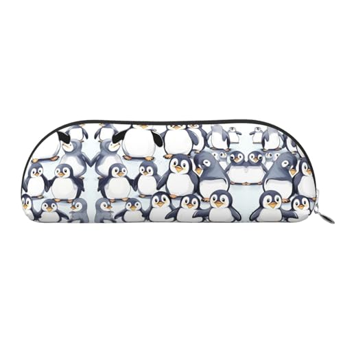 HJLUUFT Many Cute Baby Penguins Sketch Stylish Leather Half Round Pencil Pouch and Makeup Bag - Convenient Storage Solution for Your Essentials von HJLUUFT