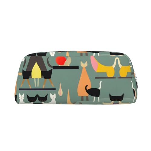 HJLUUFT Mid-Century Modern Art Cats Premium Cross Grain Leather Pencil Box & Makeup Bag - Versatile Storage for Pens, Cosmetics and More von HJLUUFT