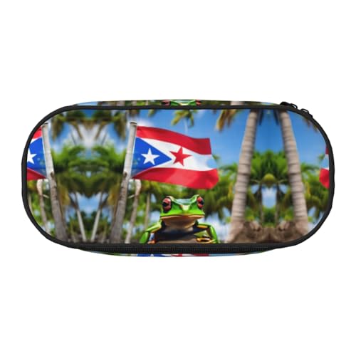 HJLUUFT Puerto Rico-Flaggen, Frosch-Palmen-Druck, Make-up-Kosmetiktasche, Schreibwaren, Kawaii-Bleistift-Box, Gadget-Organizer, Tasche mit Reißverschluss von HJLUUFT