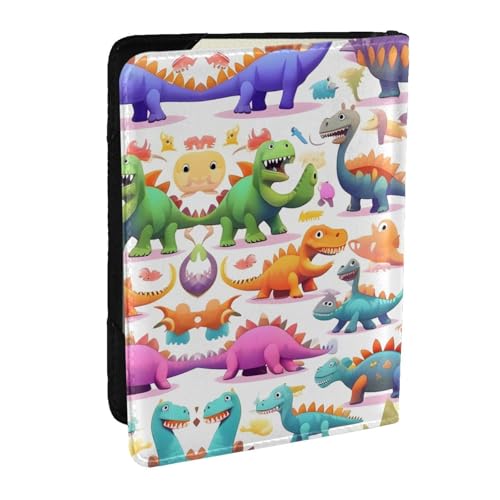 HJLUUFT Reisepasshülle aus Leder mit vielen bunten Cartoon-Dinosauriern, für Männer und Frauen, Reisepasshülle für Familie, Schwarz , Einheitsgröße von HJLUUFT