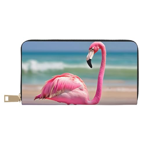 HJLUUFT Stilvolle Damengeldbörse mit Piratenflaggen – kleine Clutch-Geldbörse mit Kunstleder und Metall-Reißverschluss, One Pinks Flamingo On Beach, Einheitsgröße, Classic von HJLUUFT