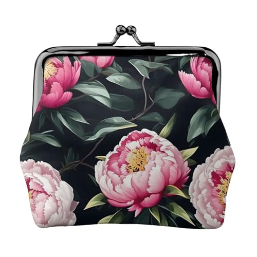 Kleine Geldbörse mit Pfingstrosenblüten für Damen, Münzgeldbörse für Damen, kleine Damen-Geldbörse, mit Reißverschluss und Kussschloss, Schwarz, Einheitsgröße, Art Deco von HJLUUFT