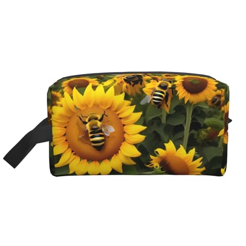 Kulturbeutel mit Sonnenblumen-Bienen-Druck, für Damen, Reise-Kulturbeutel, geräumige Kapazität, Kosmetiktasche für Herren, weiß, Einheitsgröße von HJLUUFT