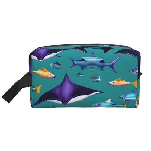 Manta Kulturbeutel für Herren, Motiv: Rochen und Fische, Reise-Kulturbeutel, geräumige Kapazität, Kosmetiktasche für Damen, weiß, Einheitsgröße von HJLUUFT