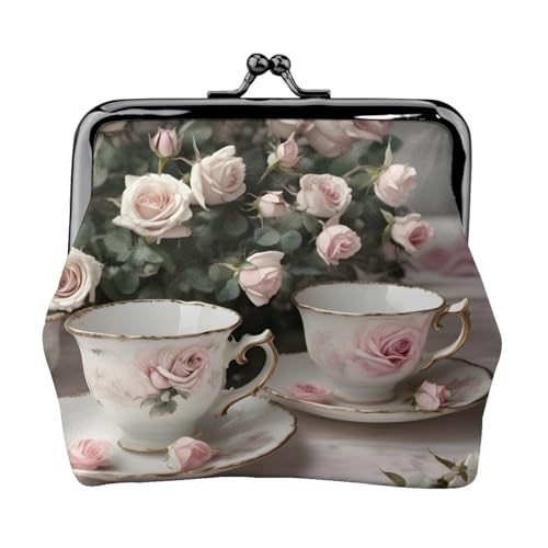 Teetassen mit Rosen, romantisch, Shabby-Design, kleine Geldbörsen für Damen, Münzgeldbörse für Damen, kleine Damen-Geldbörse, mit Reißverschluss und Kussverschluss, Schwarz, Einheitsgröße, Art Deco von HJLUUFT