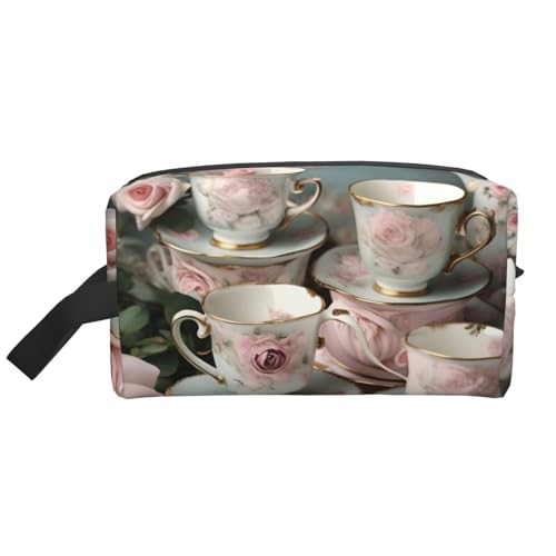 Teetassen mit Rosen, romantischer Druck, Kulturbeutel für Herren, Reise-Kulturbeutel, geräumige Kapazität, Kosmetiktasche für Damen, weiß, Einheitsgröße von HJLUUFT