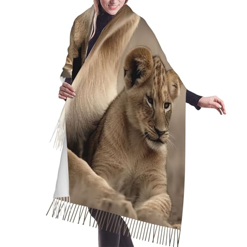 HJRT Damen Schal Lissabon Straßenbahn Winter Warm Fransen Schals Mode Lange Schal Wrap für Frauen, Löwin mit Junges, One size von HJRT