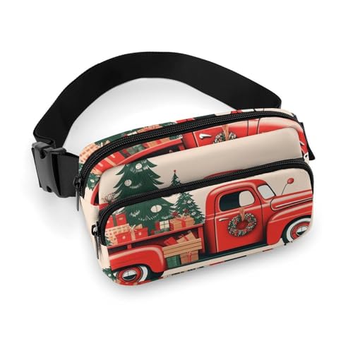 Bauchtasche für Damen und Herren, Umhängetasche, kleiner Schulter-Rucksack, pfirsichfarbene Quadrate in verschiedenen Formen, Gürteltasche, Roter Weihnachts-Truck, 20x13cm von HJUQNGF