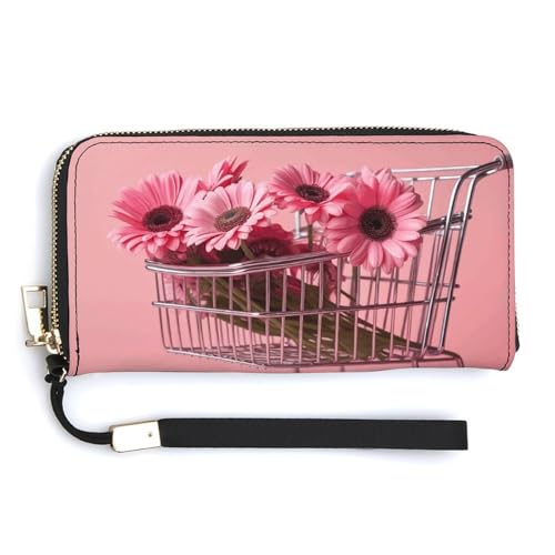 Flowers in Shopping Cart Wristlet Long Wallet Womens Purse Wallet Zip Clutch Large Capacity Leather Purse Credit Card Holder Coin Purse, Blumen im Einkaufswagen, 20.0*10.5cm von HJUQNGF