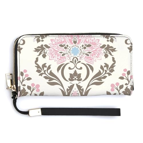 Flowers in Shopping Cart Wristlet Long Wallet Womens Purse Wallet Zip Clutch Large Capacity Leather Purse Credit Card Holder Coin Purse, Pfirsich- und braunes Muster, 20.0*10.5cm von HJUQNGF