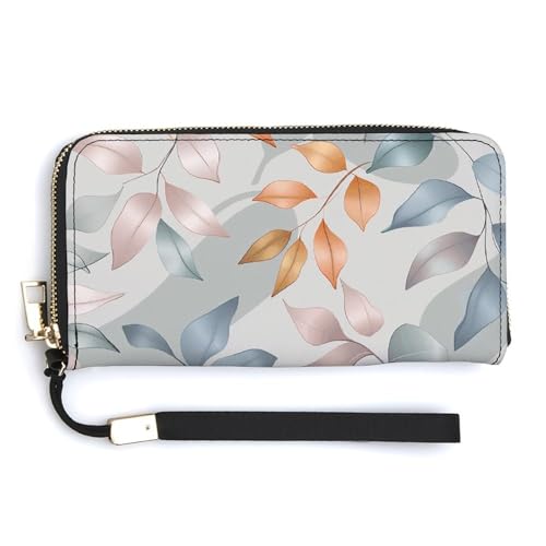 Flowers in Shopping Cart Wristlet Long Wallet Womens Purse Wallet Zip Clutch Large Capacity Leather Purse Credit Card Holder Coin Purse, Verschiedene Blattmuster, 20.0*10.5cm von HJUQNGF