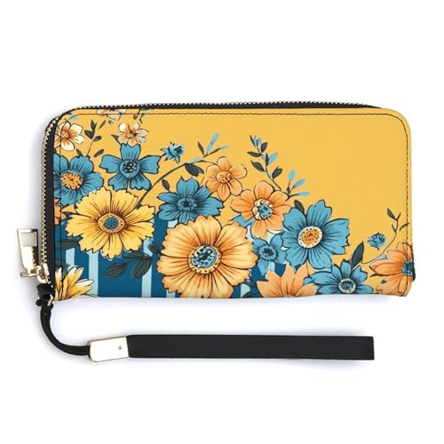 HJUQNGF A Brown Rabbit Wristlet Long Wallet Womens Purse Zip Clutch Large Capacity Leather Purse Credit Coin Purse, Gelb und Blau mit Blumenmuster, 20.0*10.5cm von HJUQNGF