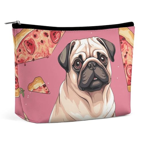 HJUQNGF Kosmetiktasche mit Katzen- und Schmetterlingsmotiv, tragbar, große Kapazität, Reise-Make-up-Tasche, Beauty-Make-up-Organizer für Shampoo-Conditioner, Pinsel-Set, Make-up-Zubehör, Mops-Pizza von HJUQNGF