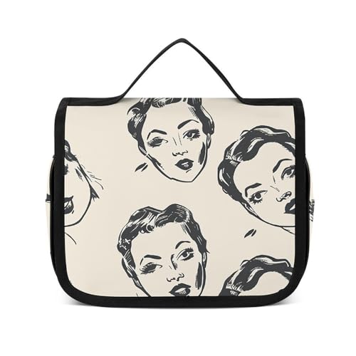 HJUQNGF Kulturbeutel für Damen, Reise-Kosmetiktasche, Junge und Welpe, große Make-up-Tasche, zum Aufhängen, Kosmetik-Organizer für Toilettenartikel, Zubehör, 3-in-1-Behälter, Cartoon-Frauengesicht, von HJUQNGF