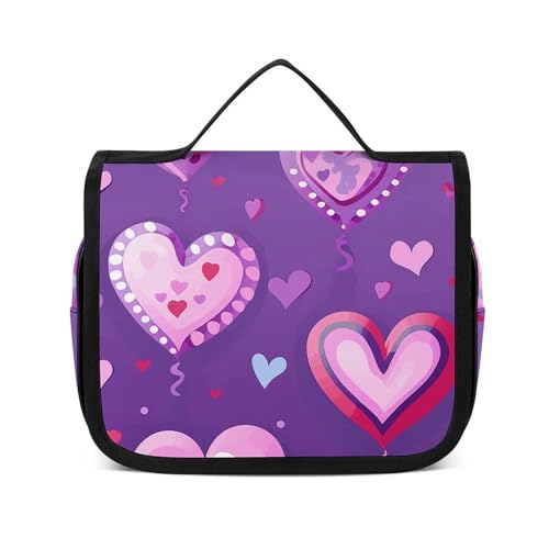 HJUQNGF Kulturbeutel für Damen, Reise-Kosmetiktasche, Käfer und Blätter, große Make-up-Tasche, zum Aufhängen, Kosmetik-Organizer für Toilettenartikel, Zubehör, 3-in-1-Behälter, Violettes Liebesmuster, von HJUQNGF
